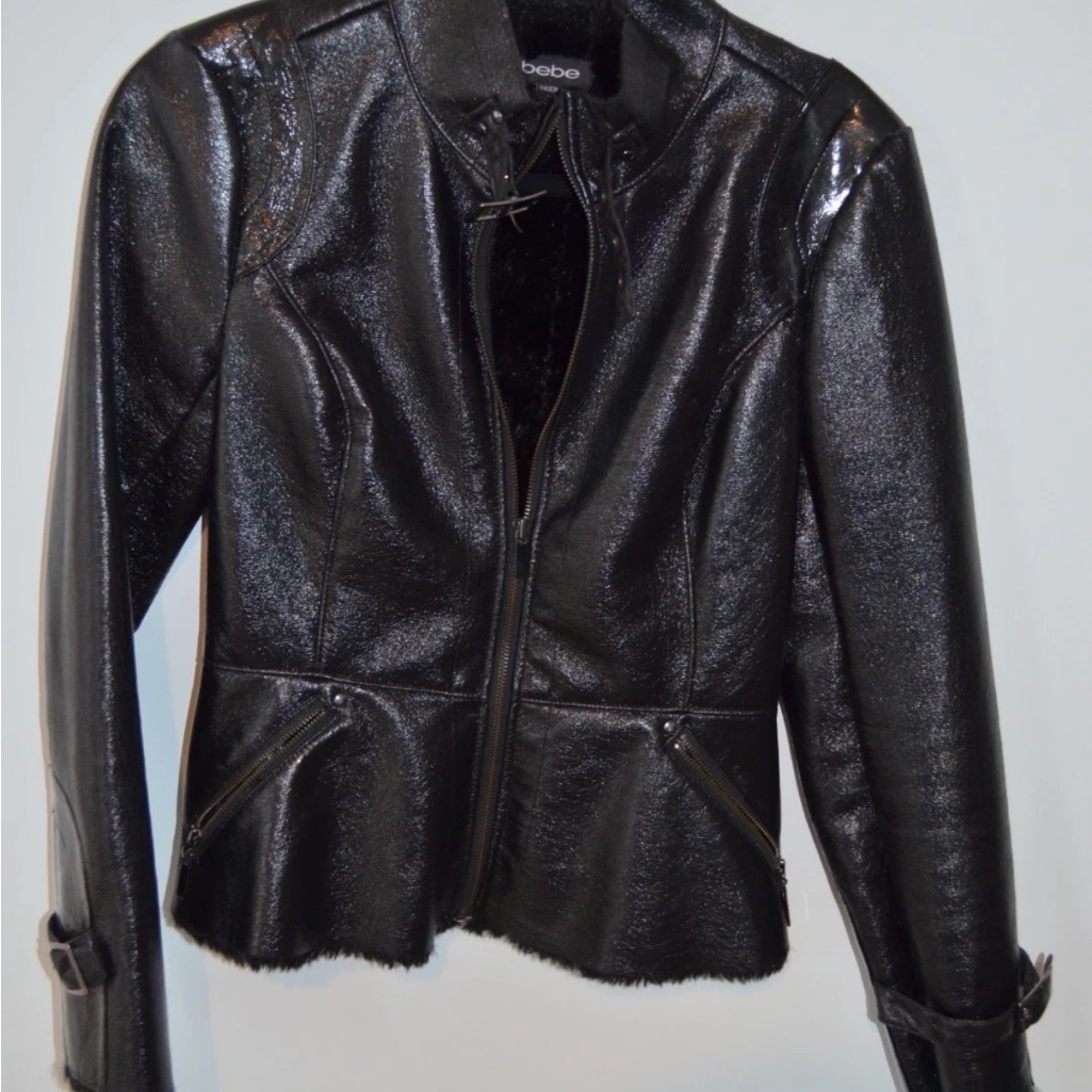 Bebe Black Faux Leather Peplum Jacket, Medium, Rare Nwot